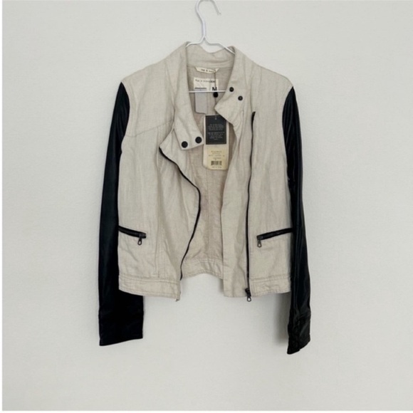 Rag & Bone Linen Twill and Leather Moto Jacket Natural NWT - Picture 5 of 11